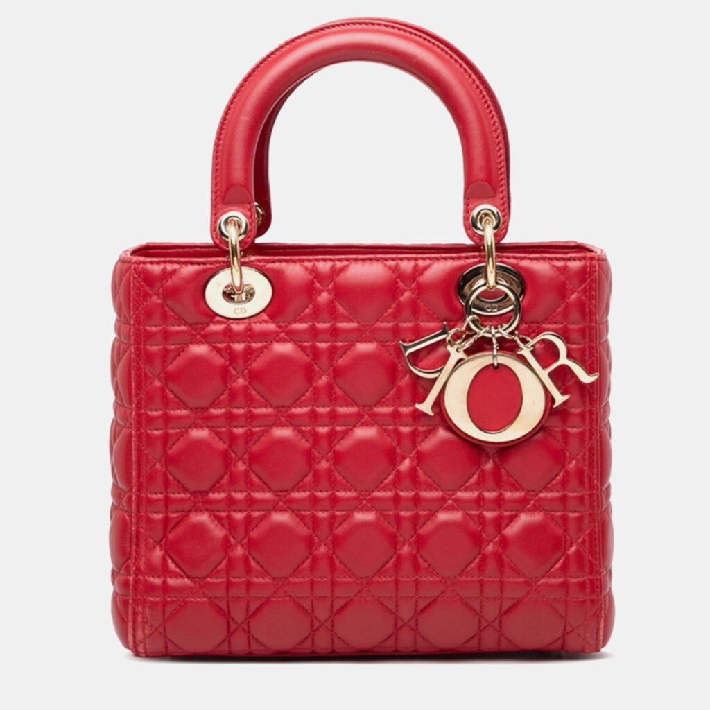 Christian Dior Lady Cannage Medium Handbag In Red Leather