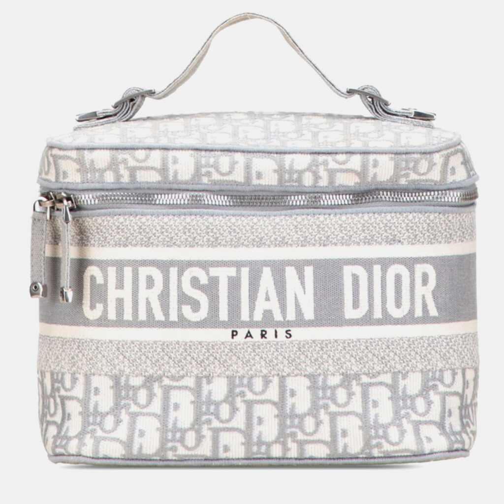Christian Dior Dior Oblique Travel Vanity Handbag In Gray And White Canvas Christian Dior Dior Oblique Travel Vanity Handbag In Gray And White Canvas