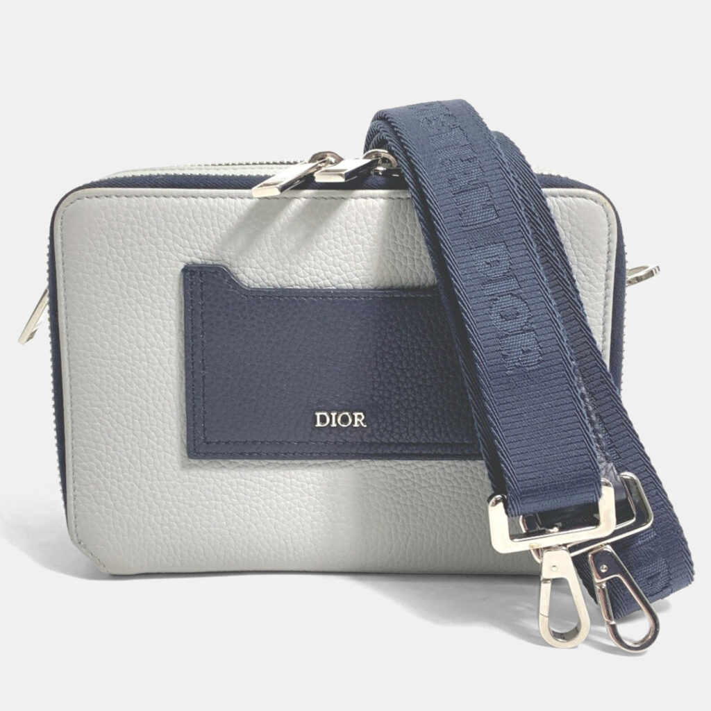 Christian Dior Dior Logo Double Zip Pocket Shoulder Bag In Grey Leather Christian Dior Dior Logo Double Zip Pocket Shoulder Bag In Grey Leather