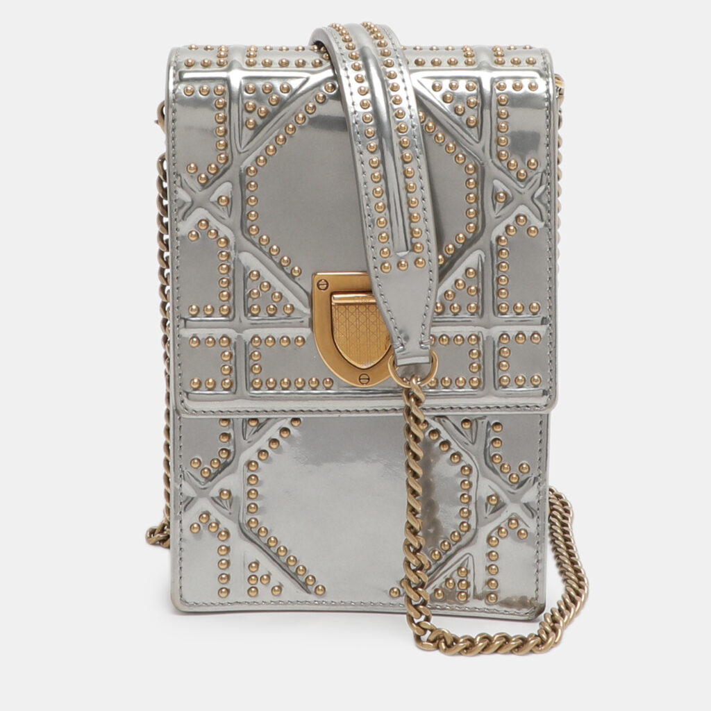 Dior Diorama Silver Studded Leather Vertical Chain Clutch