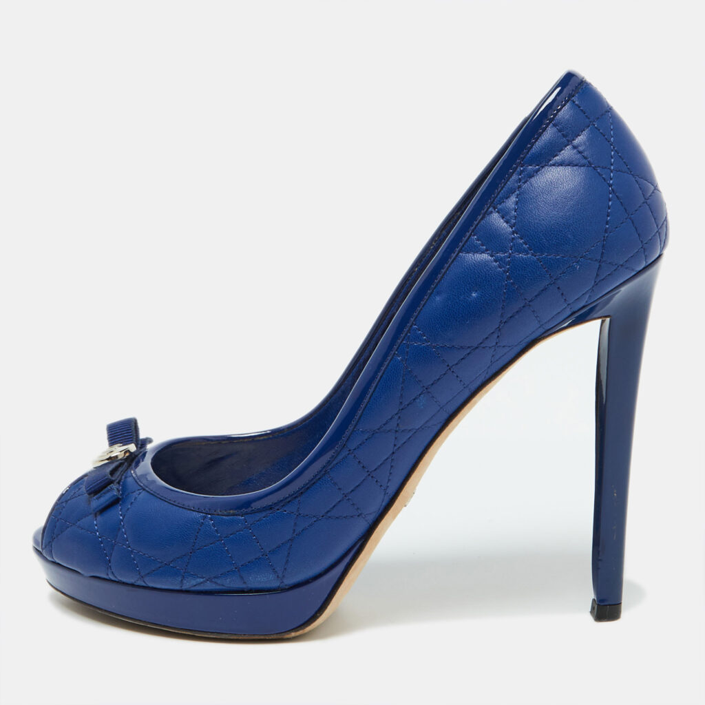 Dior Blue Cannage Leather and Patent Bow Peep Toe Platform Pumps Size 39 Dior Blue Cannage Leather and Patent Bow Peep Toe Platform Pumps Size 39