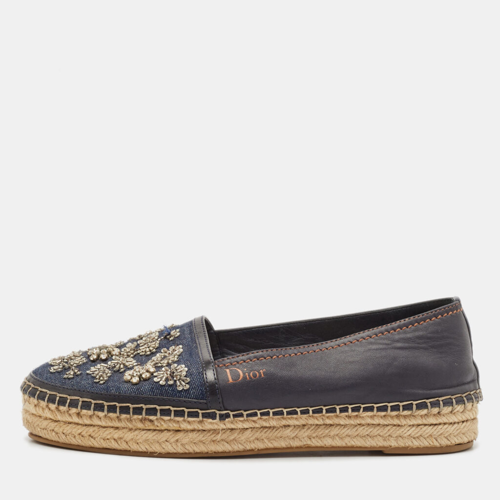 Dior Black/Blue Denim and Leather Embellished Espadrille Flats Size 36.5 Dior Black/Blue Denim and Leather Embellished Espadrille Flats Size 36.5