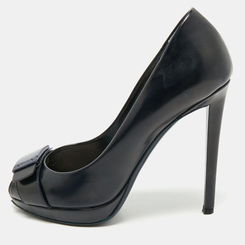 Dior Navy Blue Leather Logo Plaque Peep Toe Pumps Size 38
