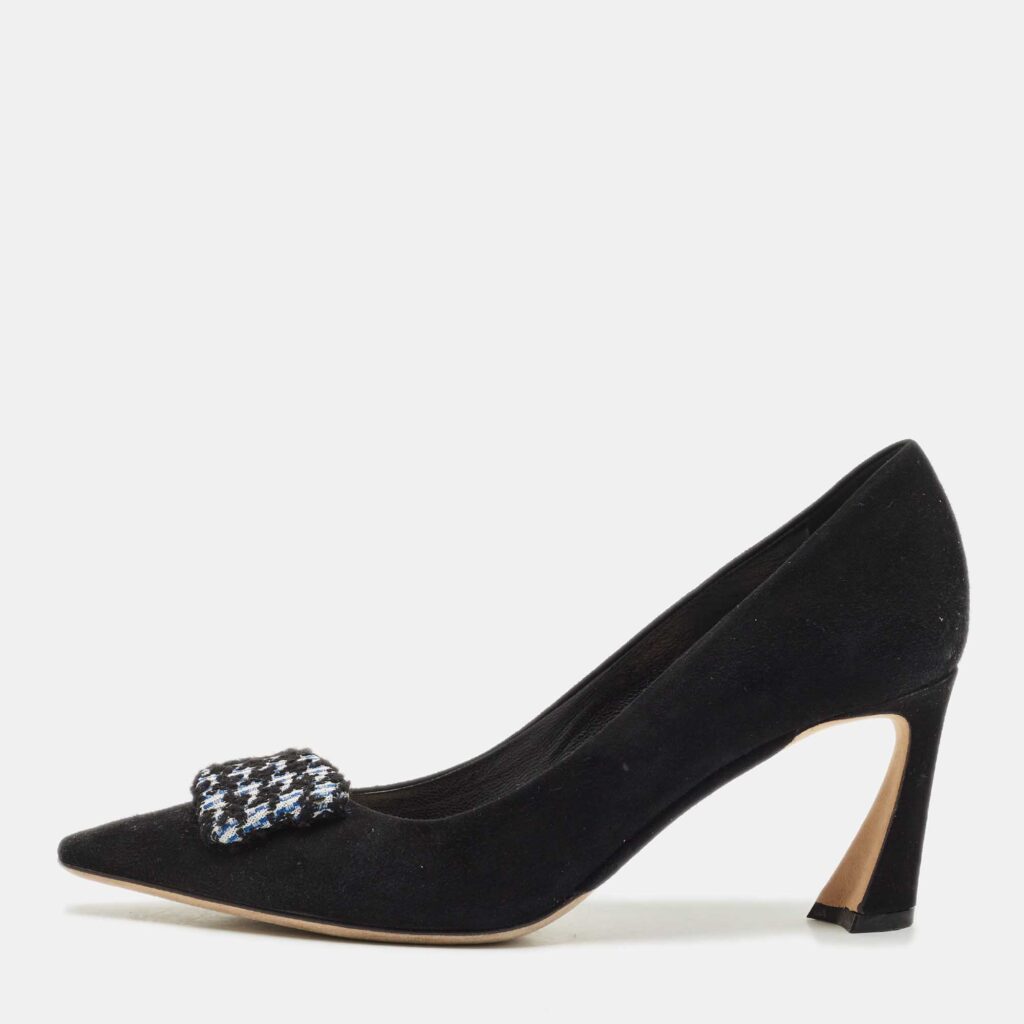 Dior Black/White Suede Houndstooth Buckle Pointed Toe Pumps Size 37.5