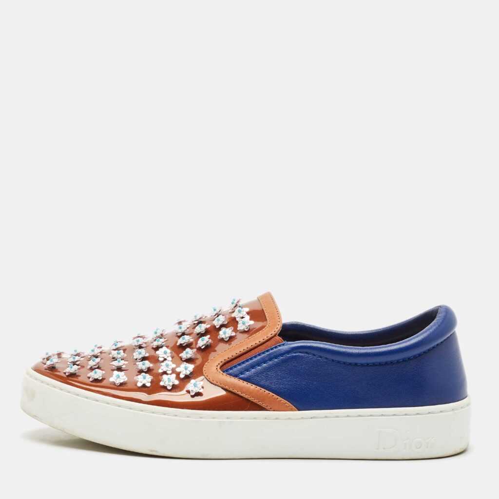 Dior Blue/Brown Leather And PVC Floral Embellished Slip On Sneaker Size 38 Dior Blue/Brown Leather And PVC Floral Embellished Slip On Sneaker Size 38