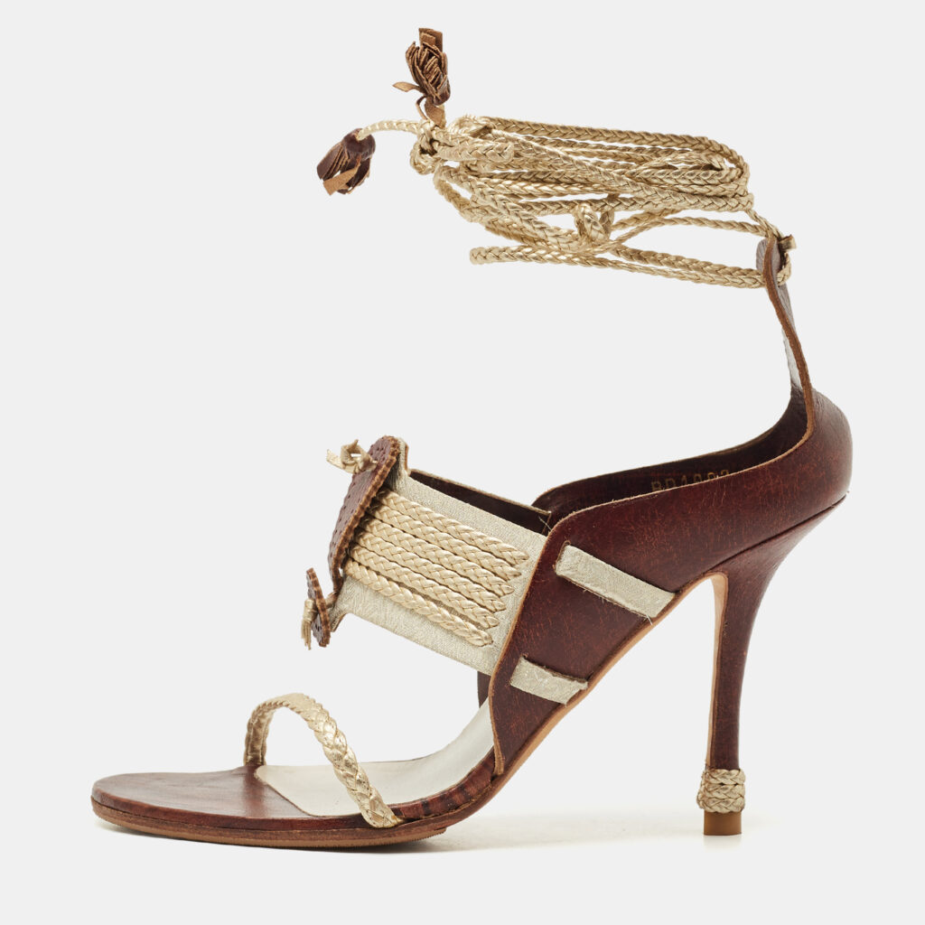 Dior Olive Brown/Gold Leather and Fabric Ankle Tie Sandals Size 37 Dior Olive Brown/Gold Leather and Fabric Ankle Tie Sandals Size 37