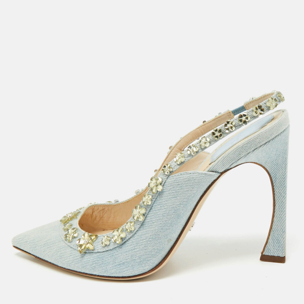 Dior Blue Canvas Crystal Embellished Slingback Pumps Size 38.5 Dior Blue Canvas Crystal Embellished Slingback Pumps Size 38.5