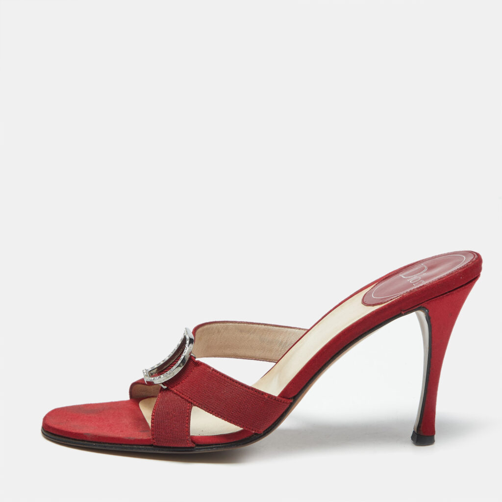 Dior Red Canvas D Crystal Embellished Detail Open Toe Sandals Size 38.5