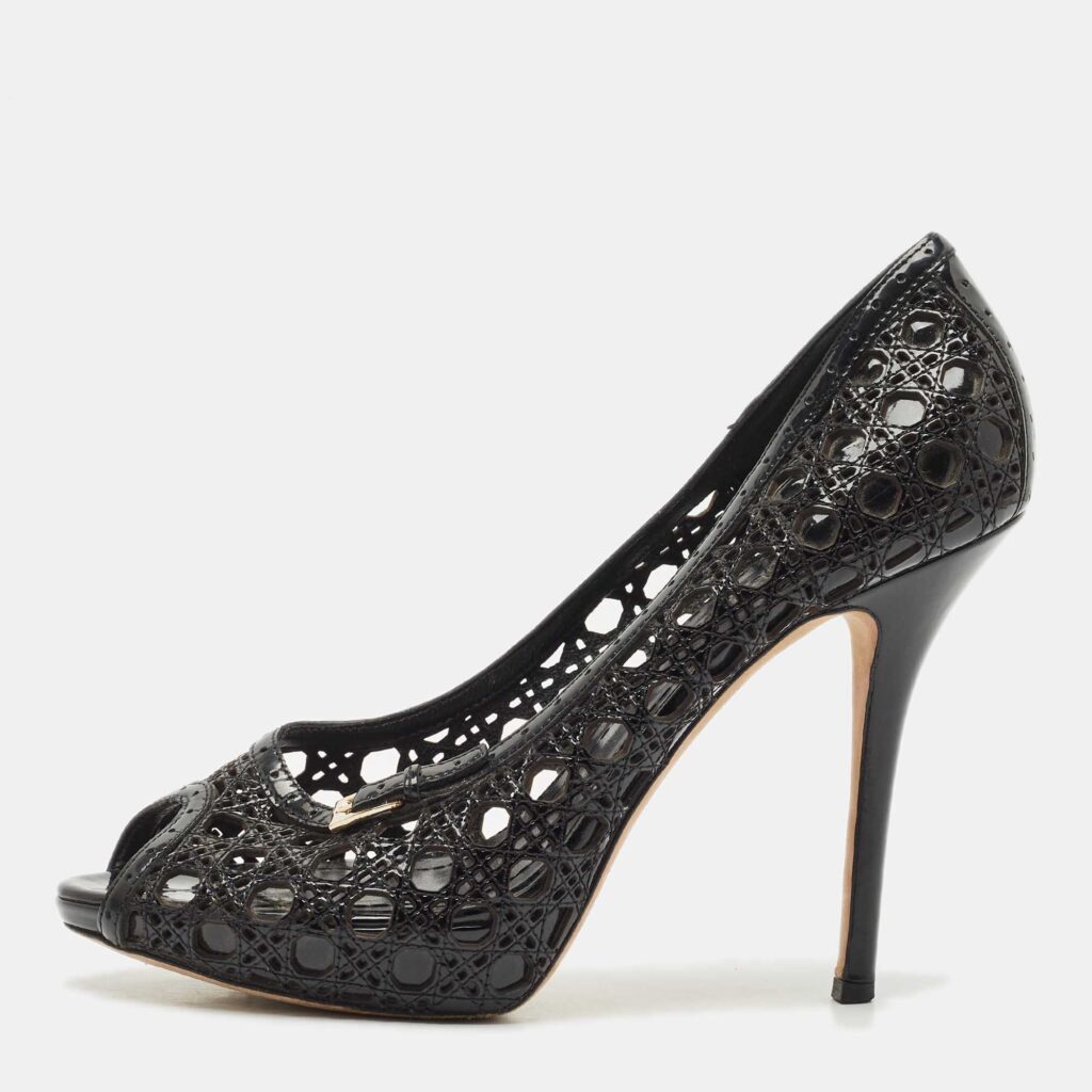 Dior Black Cannage Patent Leather Miss Dior Cut Out Peep Toe Platform Pumps Size 41 Dior Black Cannage Patent Leather Miss Dior Cut Out Peep Toe Platform Pumps Size 41