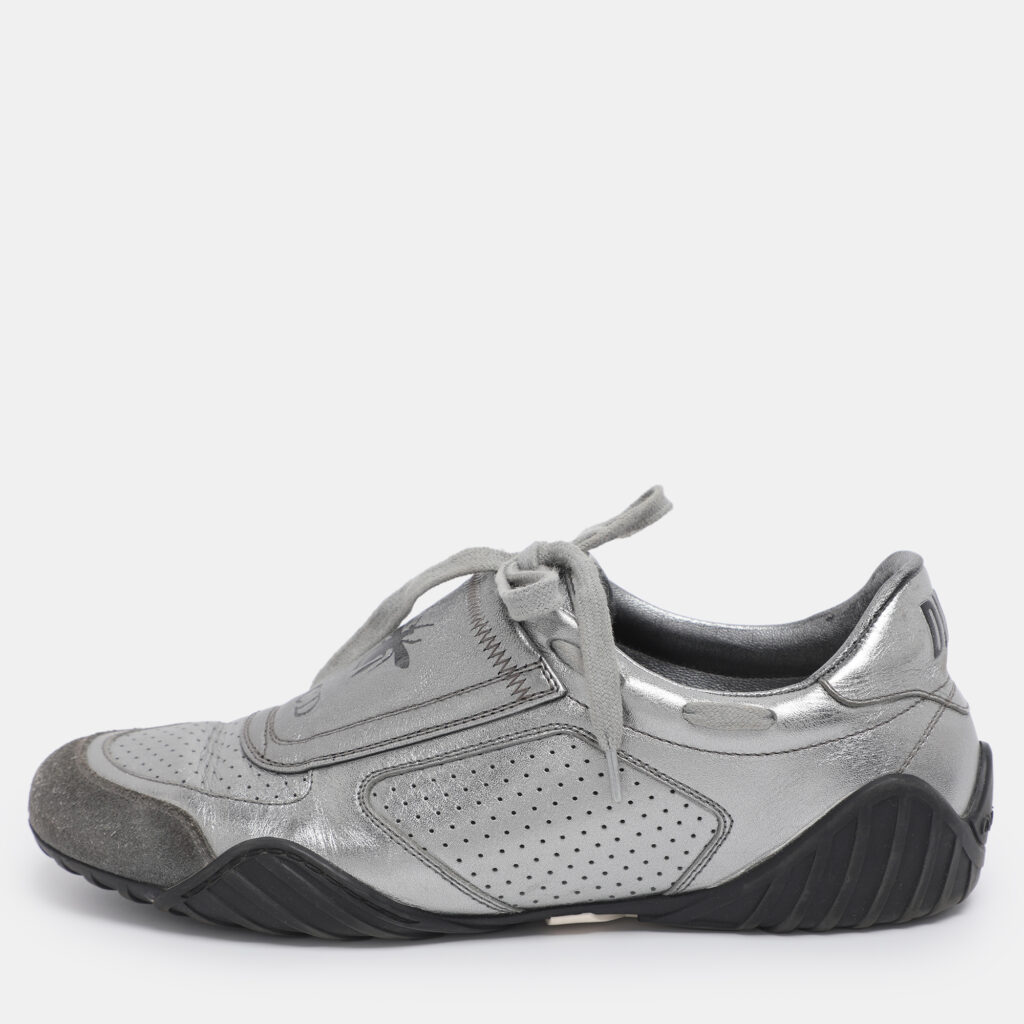 Dior Metallic Grey Leather and Suede D-Fence Sneakers Size 35.5