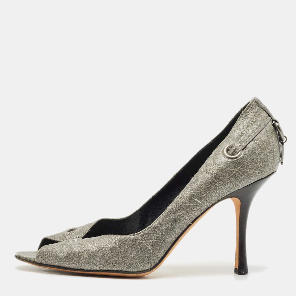Dior Metallic Grey Cannage Leather Peep Toe Pumps Size 37