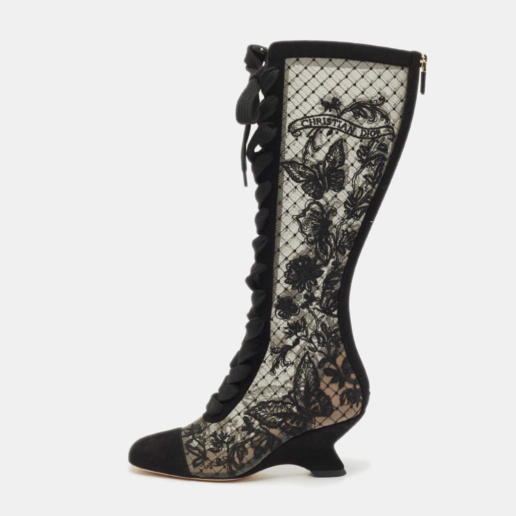 Dior Black Embroidered Mesh and Suede Naughtily-D Knee Length Boots Size 35 Dior Black Embroidered Mesh and Suede Naughtily-D Knee Length Boots Size 35