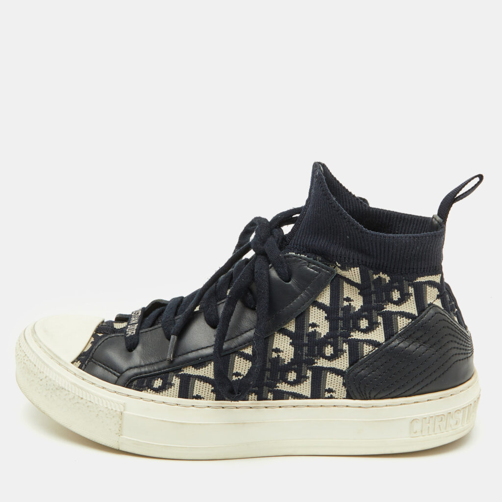 Dior Navy Blue Oblique Knit Fabric and Leather Walk'n'Dior Lace Up Sneakers Size 37