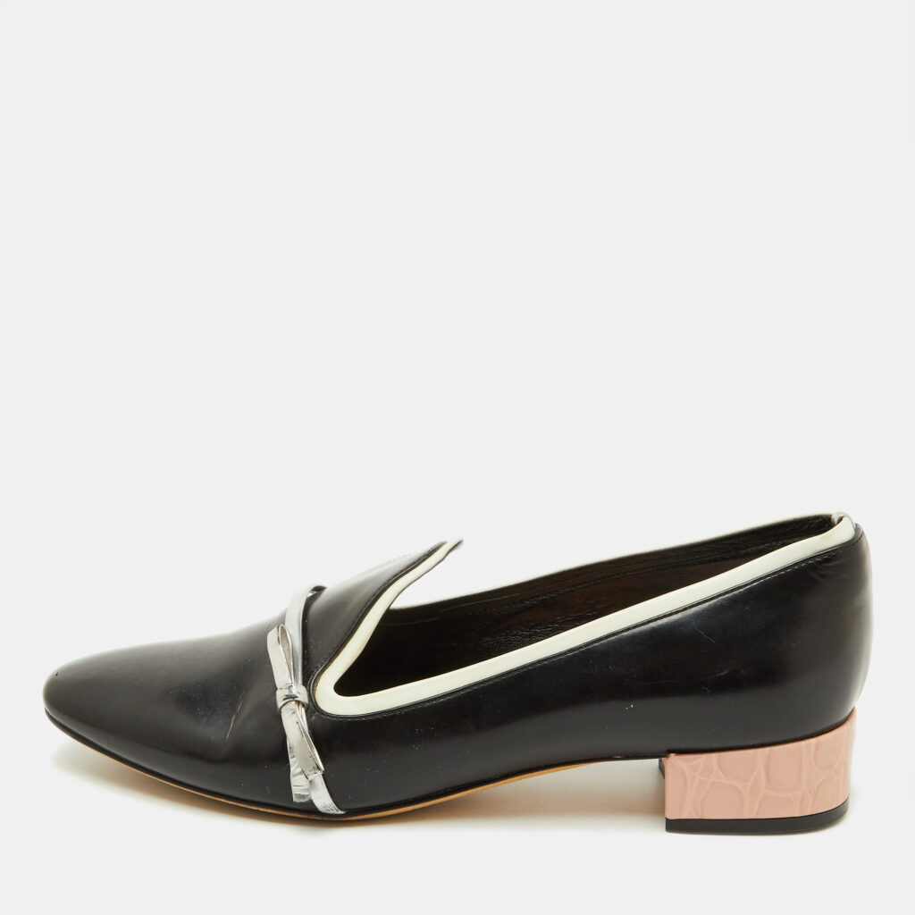Dior Black/Silver Leather Bow Detail Slip On Loafers Size 35.5 Dior Black/Silver Leather Bow Detail Slip On Loafers Size 35.5