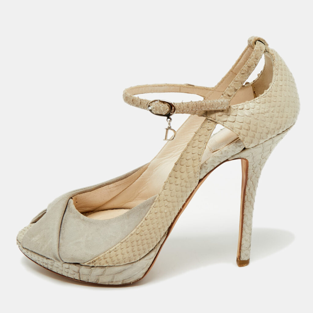 Dior Cream/Grey Suede and Python Leather Miss Dior Peep Toe Pumps Size 36 Dior Cream/Grey Suede and Python Leather Miss Dior Peep Toe Pumps Size 36