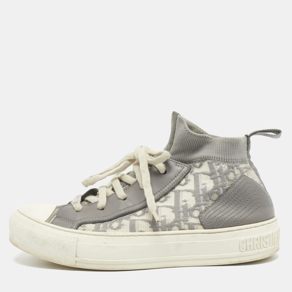 Dior Grey/White Knit Fabric And Leather Walk'n'Dior High-Top Sneakers Size 36 Dior Grey/White Knit Fabric And Leather Walk'n'Dior High-Top Sneakers Size 36