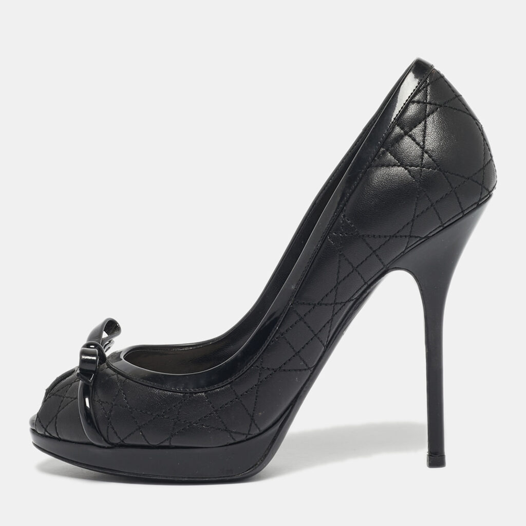 Dior Black Cannage Leather and Patent Peep Toe Pumps Size 38