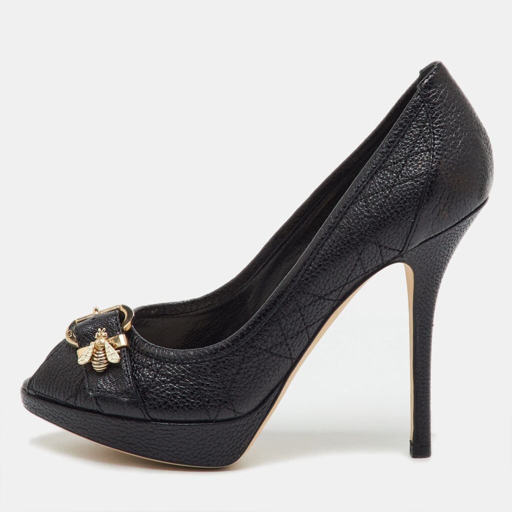 Dior Black Cannage Leather Bee Peep Toe Platform Pumps Size 37