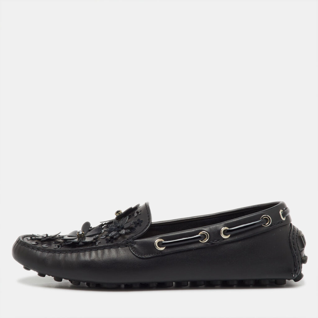 Dior Black Leather Flower Embellished Driving Loafers Size 38 Dior Black Leather Flower Embellished Driving Loafers Size 38