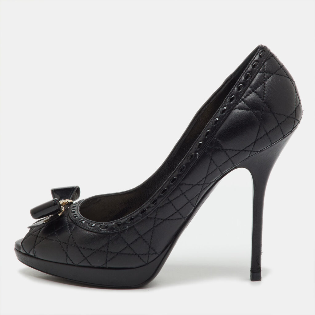 Dior Black Quilted Cannage Leather and Patent Bow Detail Peep Toe Pumps Size 38.5