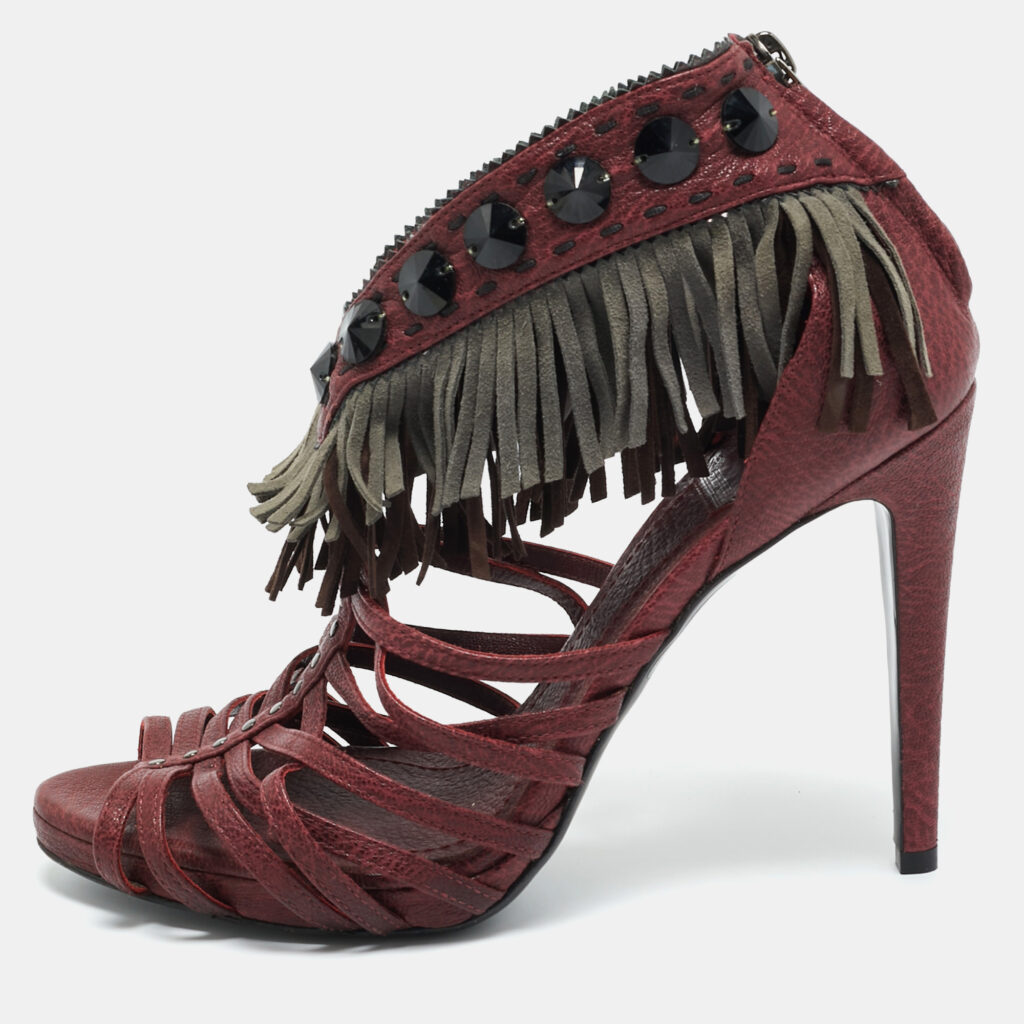 Dior Burgundy Leather and Suede Fringe Ankle Strap Sandals Size 38 Dior Burgundy Leather and Suede Fringe Ankle Strap Sandals Size 38
