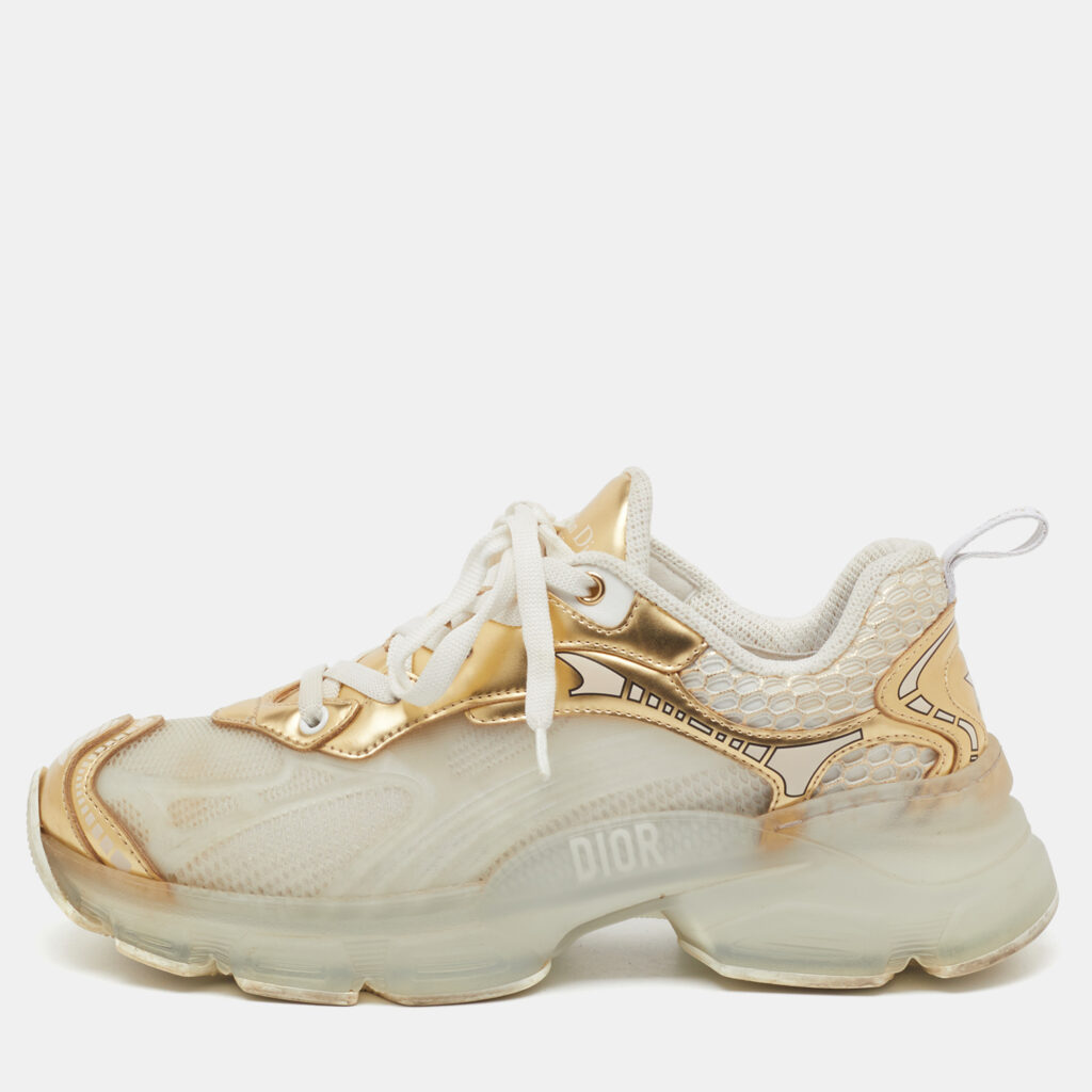 Dior White/Gold Rubber, Mesh and Leather Vibe Low Top Sneakers Size 37 Dior White/Gold Rubber, Mesh and Leather Vibe Low Top Sneakers Size 37