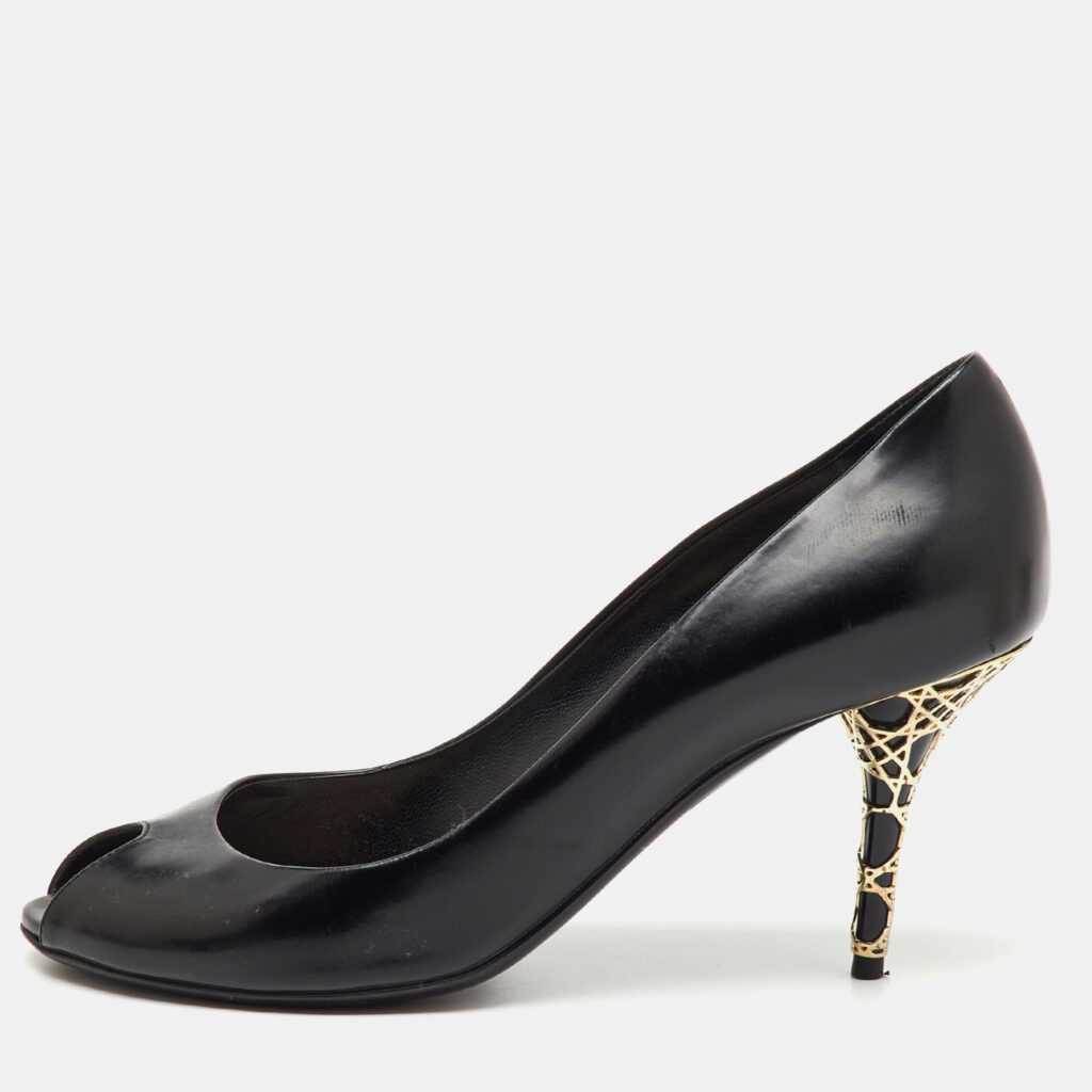 Dior Black Patent Leather Cannage Heel Peep Toe Pumps Size 37.5 Dior Black Patent Leather Cannage Heel Peep Toe Pumps Size 37.5