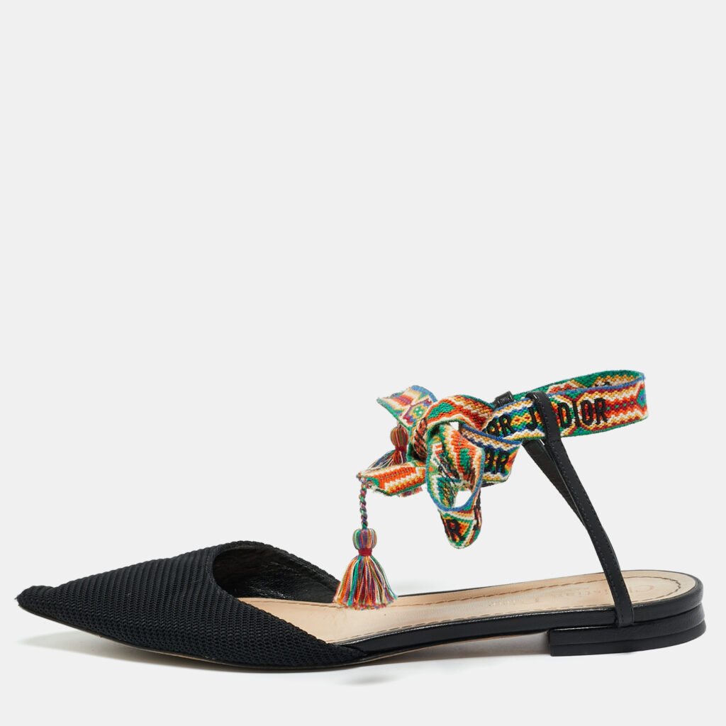 Dior Black Canvas J'adior Pointed Toe Ankle Wrap Flats Size 37.5