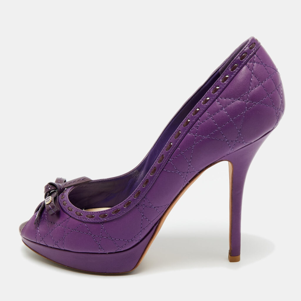 Dior Purple Cannage Leather and Patent Bow Peep Toe Platform Pumps Size 38 Dior Purple Cannage Leather and Patent Bow Peep Toe Platform Pumps Size 38