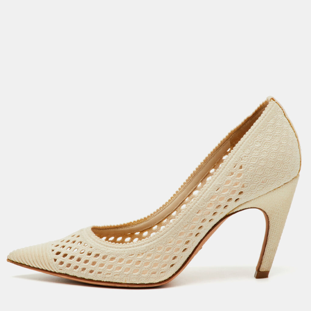 Dior Cream Fishnet Fabric Pointed Toe Pumps Size 35