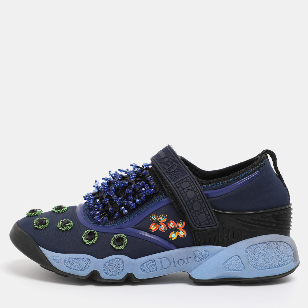 Dior Blue Neoprene and Mesh Fusion Embellished Velcro Strap Sneakers Size 35 Dior Blue Neoprene and Mesh Fusion Embellished Velcro Strap Sneakers Size 35