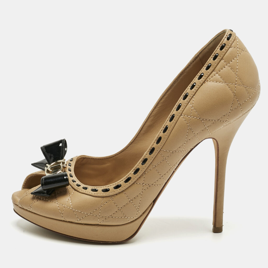 Dior Beige Cannage Leather Bow Peep Toe Pumps Size 36.5 Dior Beige Cannage Leather Bow Peep Toe Pumps Size 36.5