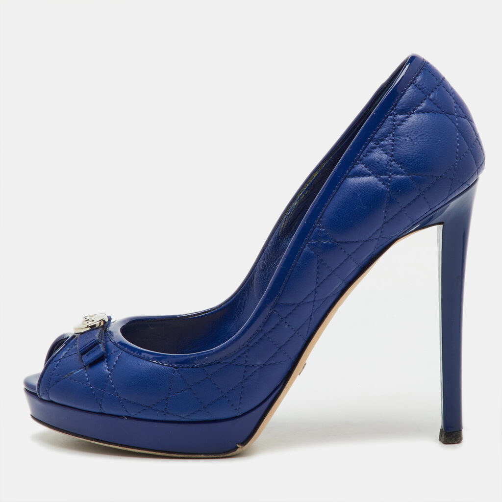 Dior Blue Cannage Leather and Patent Leather Bow Peep Toe Platform Pumps Size 37.5