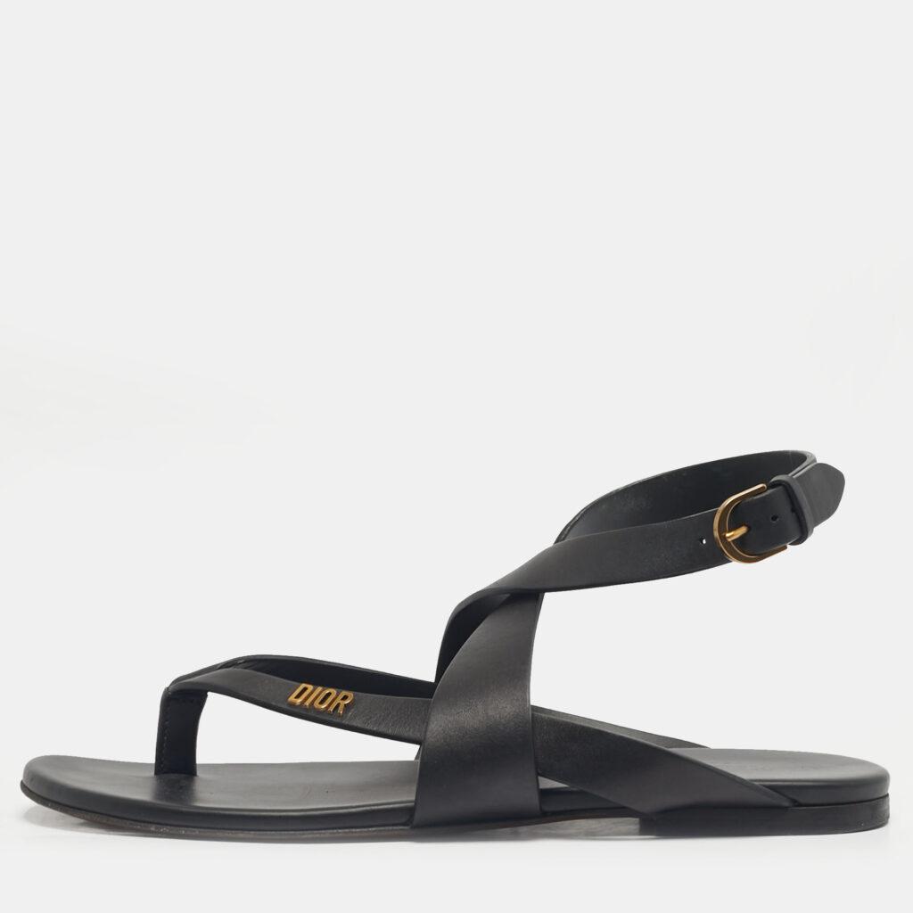 Dior Black Leather Dior Up Flat Sandals Size 38.5
