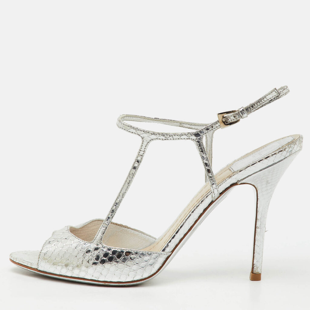 Dior Metallic Silver Python Effect Leather Ankle Strap Sandals Size 39 Dior Metallic Silver Python Effect Leather Ankle Strap Sandals Size 39