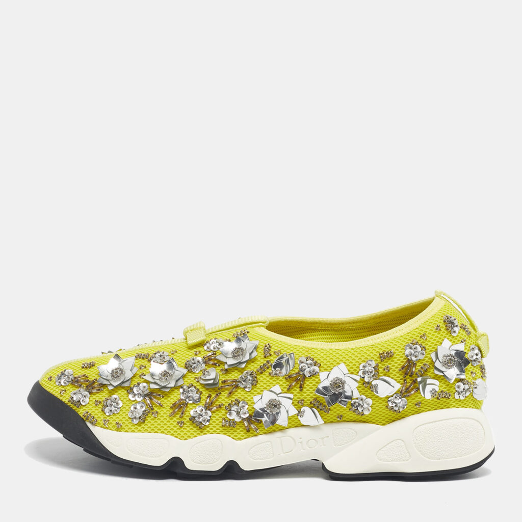 Dior Yellow Mesh Crystal Embellished Fusion Slip On Sneakers Size 39.5