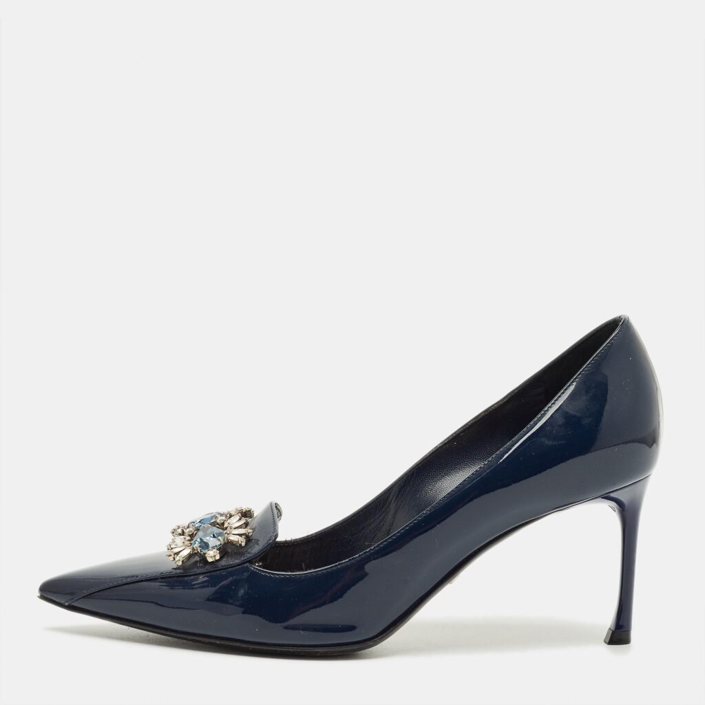 Dior Navy Blue Patent Leather Dianeme Crystal Embellished Pumps Size 37