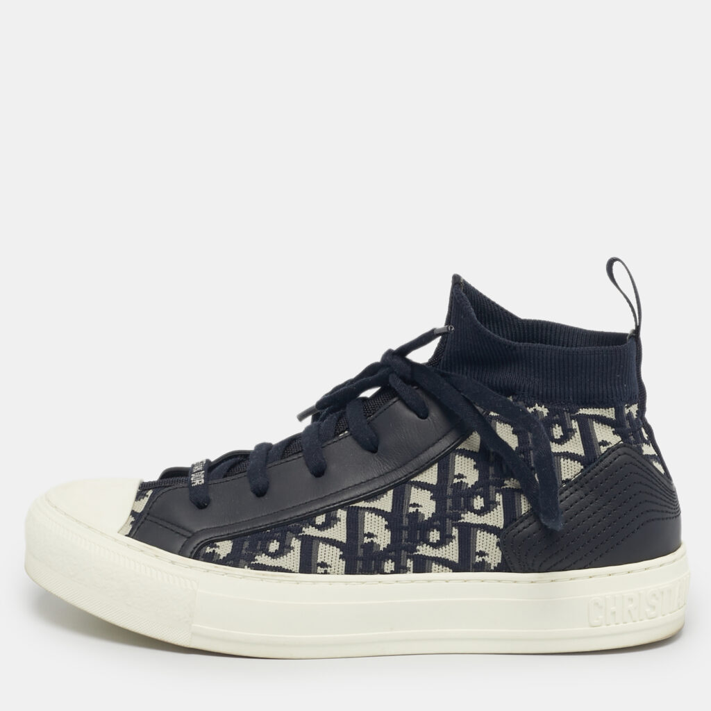 Dior Navy Blue Knit Fabric and Leather Walk'n'Dior Mid Top Sneakers Size 38 Dior Navy Blue Knit Fabric and Leather Walk'n'Dior Mid Top Sneakers Size 38