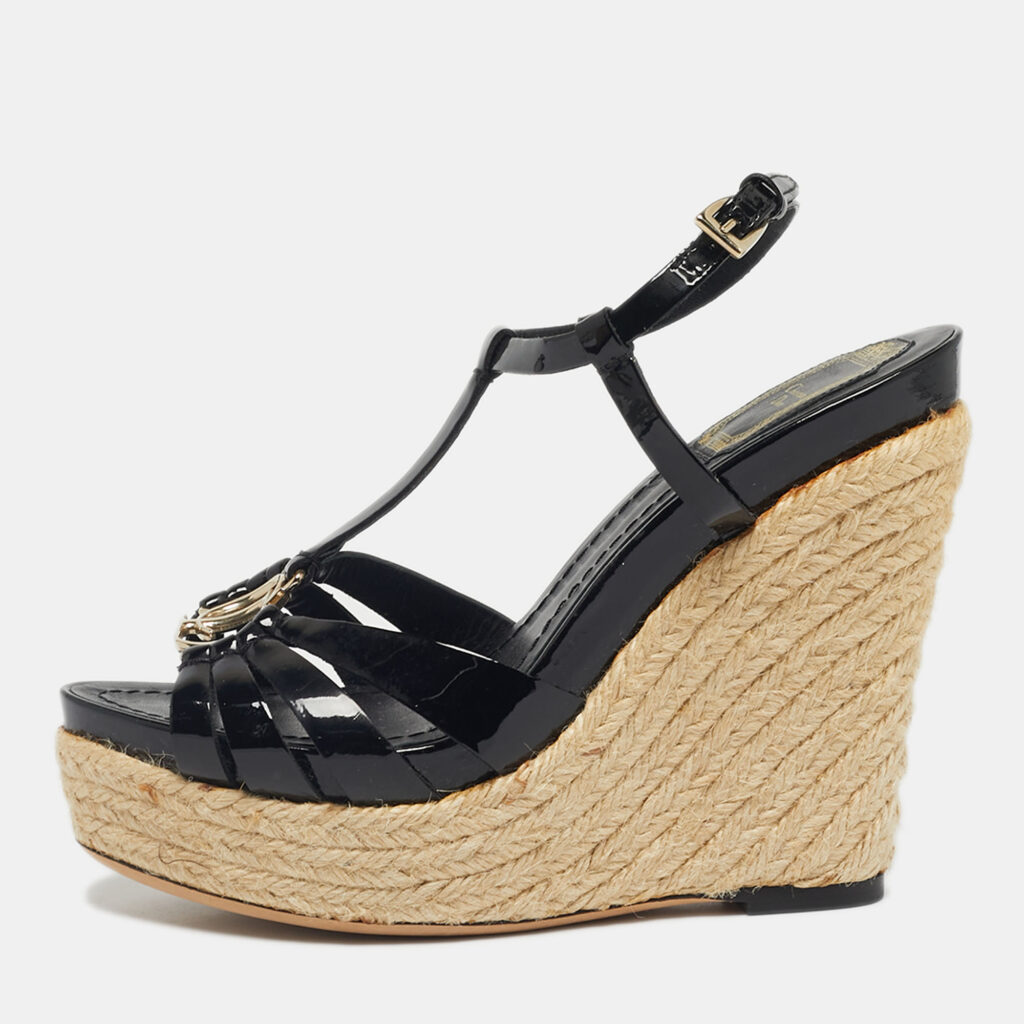 Dior Black Patent Strappy Wedge Sandals Size 36 Dior Black Patent Strappy Wedge Sandals Size 36