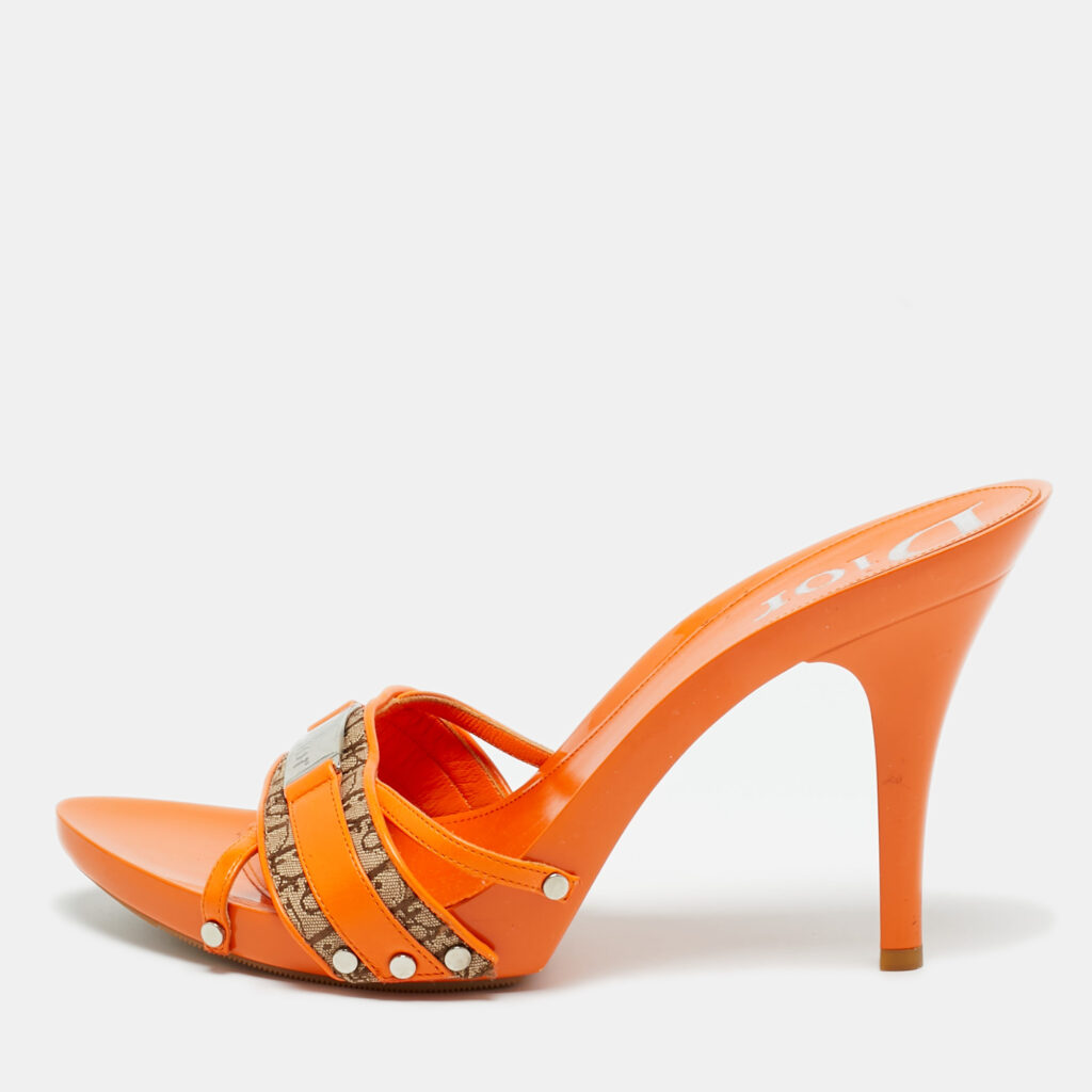 Dior Orange/Beige Monogram Canvas and Leather Slide Sandals Size 40