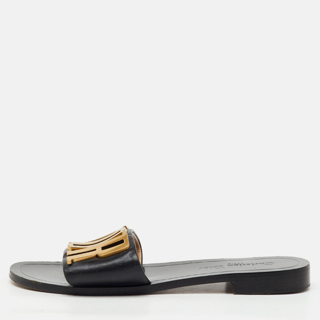 Dior Black Leather Diorevolution Logo Flat Slide Sandals Size 39