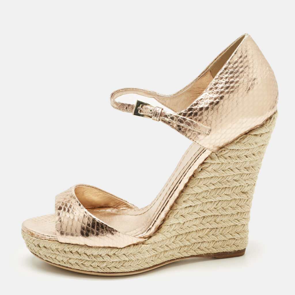 Dior Gold Rose Snakeskin Embossed Leather Wedge Sandals Size 36