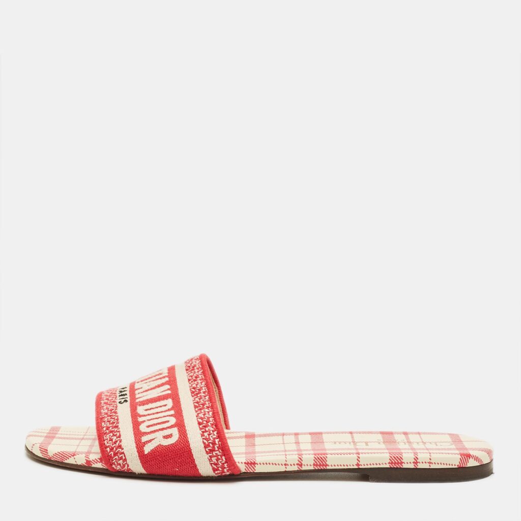 Dior Red/White Embroidered Canvas Dway Flat Slides Size 38