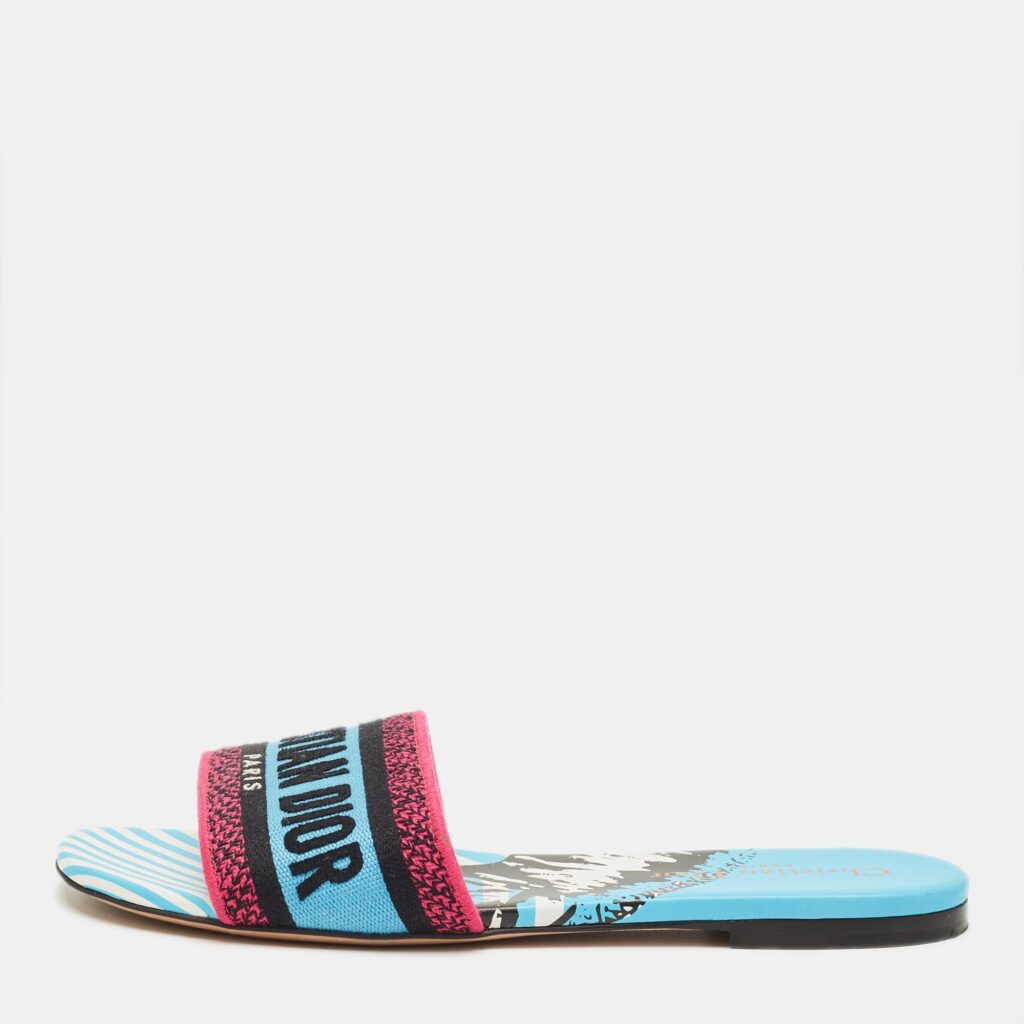 Dior Multicolor Logo Embroidered Canvas Dway Flat Slides Size 37.5 Dior Multicolor Logo Embroidered Canvas Dway Flat Slides Size 37.5