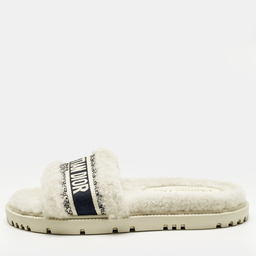 Dior White/Navy Blue Shearling Fur and Logo Canvas Dway Flat Slides Size 38