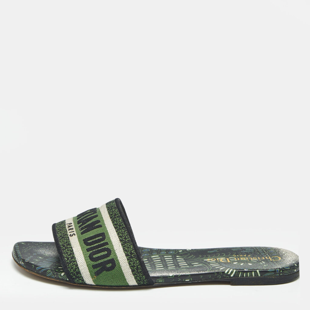 Dior Green Canvas Dway Flat Slides Size 38