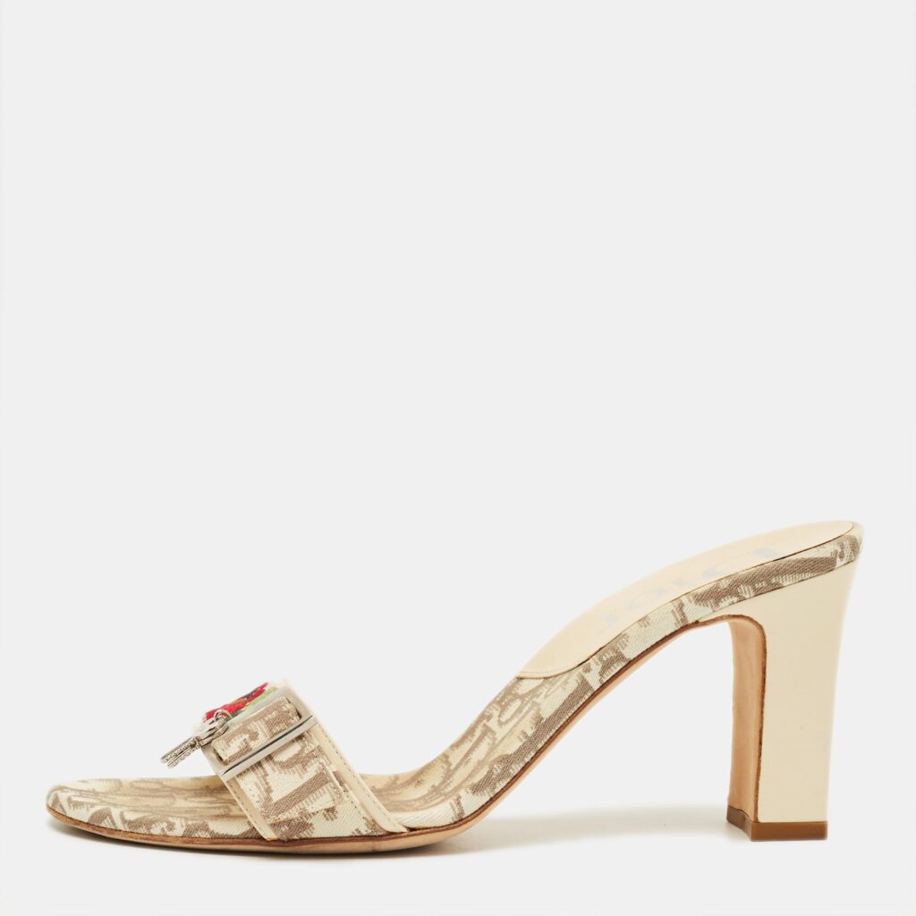 Dior Beige Coated Canvas Flower Embroidered Slide Sandals Size 37