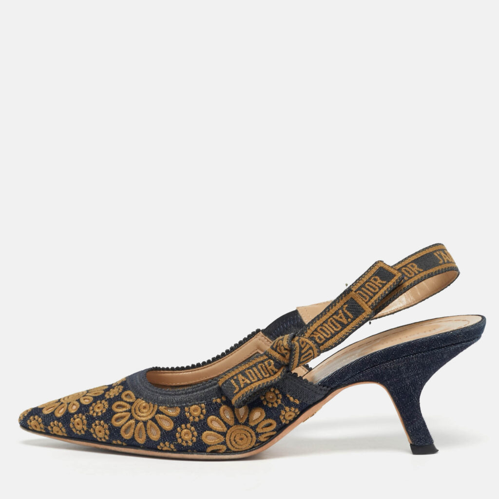 Dior Navy Blue/Yellow Embroidered Canvas J'Adior Slingback Pumps Size 38