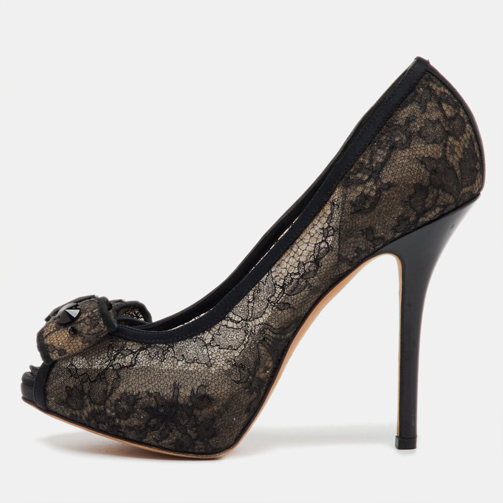 Dior Black Mesh and Fabric Bow Peep Toe Platform Pumps Size 37.5 Dior Black Mesh and Fabric Bow Peep Toe Platform Pumps Size 37.5