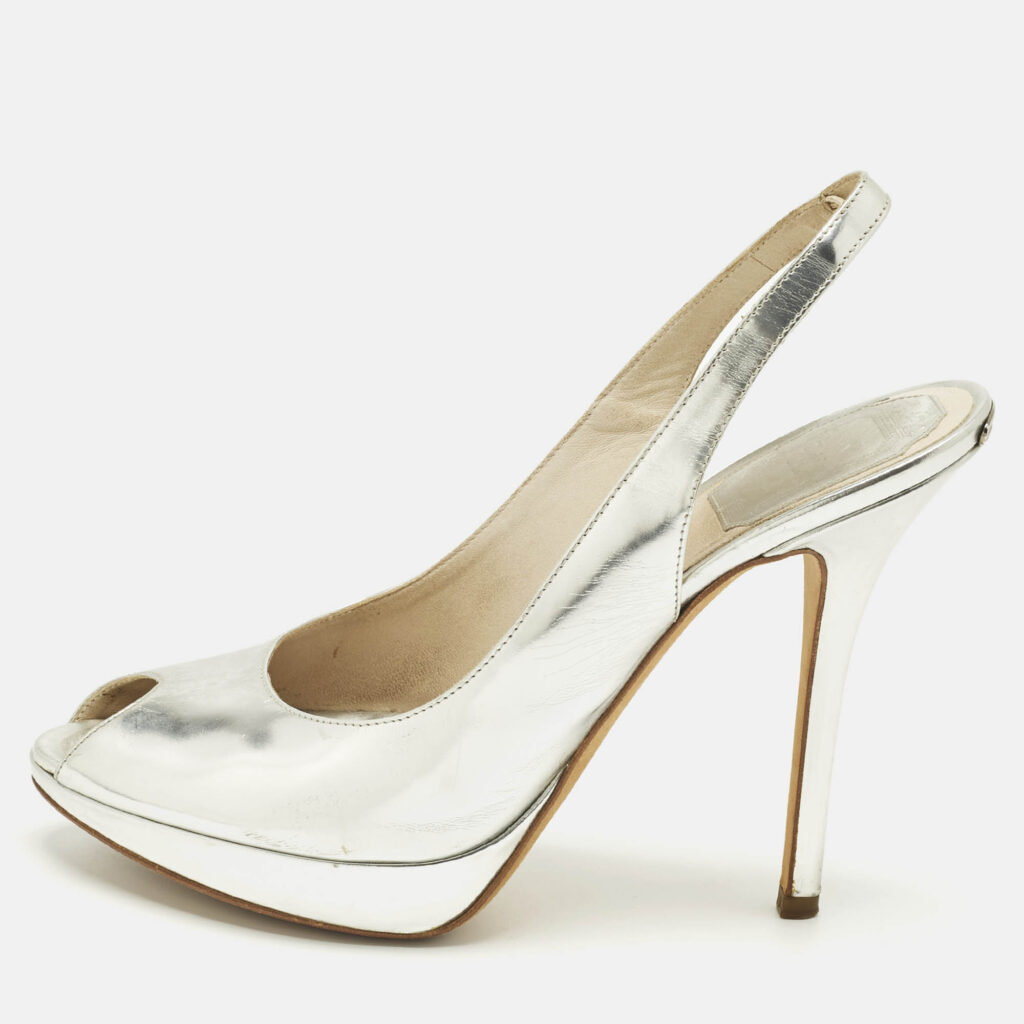 luxury-women-dior-used-shoes-p1242535-010.jpg Dior Silver Patent Leather Peep Toe Slingback Pumps Size 38